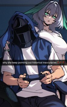 1girl 1other absurdres alternate_costume aqua_eyes arknights black_jacket breasts controller doctor_(arknights) dryegen english_text feathered_wings game_controller gamepad grey_hair hair_between_eyes hand_on_another's_shoulder head_wings highres ho'olheyak_(arknights) holding hood hood_up hooded_jacket jacket medium_hair open_clothes open_jacket parted_lips shirt sitting sleeveless sleeveless_jacket slit_pupils snake_tail tail white_shirt wings