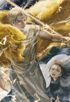 1boy 1girl aegyo_sal blackbox_(blackbox9158) blonde_hair brown_eyes chain character_request check_character coat fur_coat gold_trim highres lightning muscular muscular_male official_art omniscient_reader's_viewpoint open_mouth outstretched_arm pelvic_curtain serious shin_yoosung shirt short_hair sidelighting sleeveless sleeveless_shirt sun_wukong_(omniscient_reader's_viewpoint) third-party_source white_changpao wind wind_lift yellow_eyes