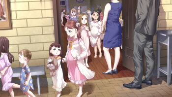 1boy 6+girls a-801 absurdres age_difference animal_print barefoot bed bed_sheet bench black_footwear black_hair black_jacket black_pants black_ribbon blonde_hair blue_dress blue_eyes blush braid brick brown_eyes brown_hair brown_ribbon closed_mouth clothes_lift day door drawing_(object) dress dressing flat_chest formal_clothes hair_ornament hair_ribbon hairclip hand_in_pocket high_heels highres jacket lifting_own_clothes light_brown_hair loafers loli long_hair long_sleeves medium_hair multiple_girls nightgown nightgown_lift nude open_mouth original pants pillow pink_ribbon pregnant pregnant_loli pumps radiator red_eyes red_hair ribbon scrunchie sexually_suggestive shoes short_hair sitting sleeveless spread_legs standing stuffed_animal stuffed_rabbit stuffed_toy suit tagme teeth twin_braids twintails two_side_up wall yellow_ribbon