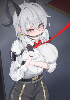 1girl absurdres ahoge arm_pouch armband bdsm belt bit_gag black_armband black_belt black_choker black_gloves black_horns black_pants breasts button_gap chest_harness choker collared_shirt commentary_request cowboy_shot curled_horns ear_tag gag gloves hair_between_eyes half_gloves harness high-waist_pants highres holding holding_string horns indoors korean_commentary korean_doggy large_breasts long_hair necktie pants pouch red_eyes red_necktie shirt shirt_tucked_in sidelocks solo standing string tight_clothes tight_pants white_shirt wuthering_waves zani_(wuthering_waves)