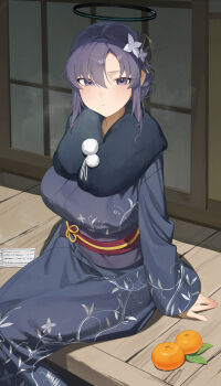1girl :/ absurdres alternate_costume arm_support black_kimono blue_archive blush breasts commentary feet_out_of_frame flower food fruit fur-trimmed_kimono fur_trim furisode hair_flower hair_ornament halo highres japanese_clothes kimono large_breasts long_sleeves looking_at_viewer mandarin_orange mm_(mhm2592) obi omikuji on_floor purple_eyes purple_hair red_pupils sash sitting sliding_doors solo wooden_floor yuuka_(blue_archive)