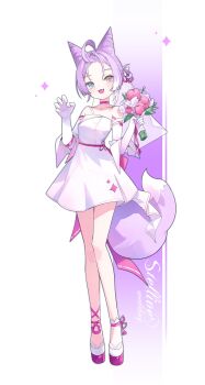 1girl :3 absurdres ahoge alternate_hair_length alternate_hairstyle blue_eyes bouquet bridal_veil claw_pose commentary cone_hair_bun copyright_name dd9 double_bun dress elbow_gloves flower forehead fox_girl fox_tail full_body gloves hair_bun hands_up heterochromia highres holding holding_bouquet looking_at_viewer open_mouth pink_flower pink_pupils platform_shoes purple_hair purple_tail short_dress short_hair solo standing stellive strapless strapless_dress symbol-only_commentary tail tenko_shibuki veil virtual_youtuber white_background white_dress white_gloves yellow_eyes yellow_pupils