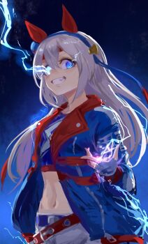 Rule 34 | 1girl, animal ears, belt, blue eyes, blue hairband, blue jacket, blue sports bra, ear covers, electricity, eye trail, fang, fingerless gloves, gloves, grey hair, grin, hair between eyes, hairband, headband, highres, horse ears, horse girl, inishie kumo, jacket, light trail, lightning bolt print, lightning bolt symbol, long hair, long sleeves, midriff, multicolored hairband, navel, open clothes, open jacket, open mouth, pants, red belt, red headband, smile, sports bra, striped clothes, striped hairband, tamamo cross (umamusume), tamamo cross (with lightning speed) (umamusume), teeth, two-tone hairband, umamusume, white pants