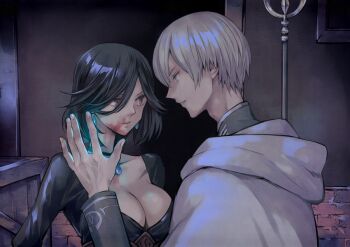 1boy 1girl black_hair blood blood_on_face breasts cape cleavage closed_mouth crate dress earrings grel_(r6hgvu5) holding holding_staff jewelry large_breasts octopath_traveler octopath_traveler_ii short_hair staff temenos_mistral throne_anguis white_hair