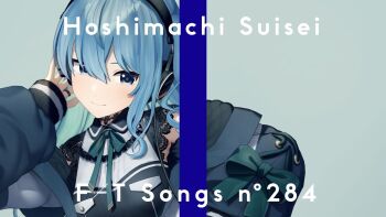 1girl 3d aqua_ribbon bilingual_commentary blue_eyes blue_hair character_name closed_mouth commentary dot_nose english_commentary english_text foreground_text grey_background hair_between_eyes hand_on_headphones hand_up headphones hololive hoshimachi_suisei hoshimachi_suisei_(casual) jewelry lace long_hair long_sleeves looking_at_viewer mixed-language_commentary neck_ribbon off_shoulder official_alternate_costume official_alternate_hairstyle official_art one_side_up puffy_long_sleeves puffy_sleeves ribbon ribbon-trimmed_sleeves ribbon_trim ring simple_background single_sidelock sleeveless sleeves_past_wrists smile solo star_(symbol) star_in_eye symbol_in_eye the_first_take upper_body video_thumbnail virtual_youtuber
