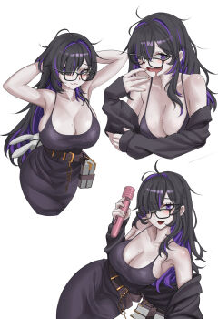 1girl absurdres arms_behind_back black-framed_eyewear black_dress black_hair blush breasts colored_inner_hair colored_skin dress drooling glasses goddess_of_victory:_nikke grey_skin hair_over_one_eye highres label_(nikke) looking_at_viewer mouth_drool multicolored_hair open_mouth peaceterzero purple_eyes purple_hair smile solo white_background