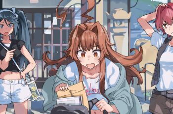 3girls ahoge alternate_costume black_hair black_shirt black_vest brown_eyes brown_hair brown_shorts casual green_eyes hair_intakes hairband hood hooded_jacket huge_ahoge isuzu_(kancolle) isuzu_kai_ni_(kancolle) jacket kantai_collection kinu_(kancolle) kuma_(kancolle) long_hair multiple_girls shirt shorts sugue_tettou vest white_hairband white_shirt white_shorts