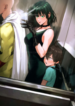 1girl 2boys ahoge aqua_shirt backpack bag bald bare_shoulders black_gloves black_hair bob_cut bodysuit breasts brown_eyes cape cellphone closed_mouth doutei_(one-punch_man) dress fubuki_(one-punch_man) gloves green_dress green_eyes green_hair highres holding holding_phone jumpsuit large_breasts multiple_boys one-punch_man open_mouth phone red_gloves reflection saitama_(one-punch_man) selfie shirt short_hair smartphone smile spykeee superhero_costume white_cape yellow_bodysuit yellow_jumpsuit