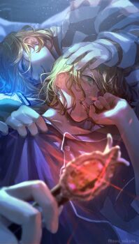 2boys bed_sheet biting_own_finger black_shirt blonde_hair blood blood_from_mouth blurry blurry_foreground clone clothes_grab collarbone crying crying_with_eyes_open depth_of_field dual_persona earrings eyelashes finger_in_own_mouth glint glowing green_eyes hair_between_eyes hair_over_one_eye hand_on_another&#039;s_head hand_up highres holding holding_key jacket jewelry key light_particles long_sleeves looking_at_another looking_down looking_to_the_side lying male_focus mau_sakura medium_hair messy_hair multiple_boys on_back on_bed on_side one_eye_covered open_mouth out_of_frame pajamas parted_lips phone prison_clothes purple_pajamas purple_shirt red_light rook_hunt shirt short_hair short_sleeves smile solo_focus striped_clothes striped_shirt sweat t-shirt tears teeth twisted_wonderland twitter_username two-tone_shirt upper_body white_shirt