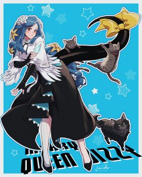 1girl :o angel_wings animal black_cat black_gloves blue_background blue_hair border bow braid braided_ponytail cat character_name commentary_request commission commissioner_name dizzy_(guilty_gear) dotted_background dress elbow_gloves english_text fingerless_gloves flower full_body gloves grey_border guilty_gear guilty_gear_strive hair_flower hair_ornament high_heels highres kanea_(nikoinoillust) long_hair looking_at_viewer mature_female open_mouth queen_dizzy red_eyes ribbon sidelocks simple_background solo star_(symbol) swept_bangs tail very_long_hair white_flower wings yellow_bow yellow_flower