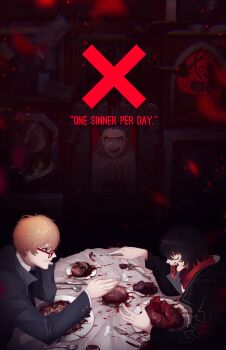 1boy 1girl black_coat black_hair black_jacket blonde_hair blood blood_splatter blood_stain blue_eyes bob_cut censored censored_identity chalice chase_(i&#039;m_the_grim_reaper) claw_pose clenched_teeth coat cup dim_lighting eating elbow_rest english_text ero_guro falling_petals fork from_side glass glasses graveweaver guro hand_on_own_face heart_(organ) holding holding_fork i&#039;m_the_grim_reaper intestines jacket knife liam_(i&#039;m_the_grim_reaper) liver looking_at_another motion_blur narrowed_eyes official_art open_clothes open_coat organs petals plate popped_collar portrait_(object) red_eyes red_scarf scarf scarlet_(i&#039;m_the_grim_reaper) short_hair spoon table tablecloth teeth upper_body x_(symbol)