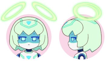 Rule 34 | 1girl, alpha transparency, artist request, border, closed mouth, double halo, from side, green hair, green halo, halo, looking at viewer, medium hair, no pupils, official art, outside border, pink background, puniru wa kawaii slime, runruun (puniru wa kawaii slime), second-party source, simple background, solo, straight-on, transparent background, white border