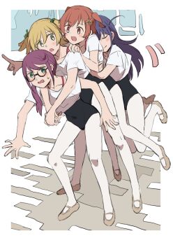 4girls :d :o aijou_karen arms_around_neck arms_around_waist athletic_leotard ballet_slippers black-framed_eyewear black_leotard blonde_hair blue_hair blush border brown_eyes brown_hair brown_slippers chestnut_mouth chikiso closed_eyes closed_mouth collarbone crown_hair_ornament daiba_nana flipped_bangs front-to-back full_body green_eyes green_ribbon hair_between_eyes hair_ribbon hand_on_another&#039;s_shoulder hands_up highres hoshimi_junna hug hug_from_behind leaning_forward leaning_on_person leg_up legs_up leotard long_hair looking_back low_side_ponytail missing_commentary motion_lines multiple_girls on_floor one_eye_covered open_mouth outside_border outstretched_arm own_hands_together pantyhose pointing pointing_forward purple_hair red_shirt ribbon shirt shirt_under_shirt short_hair short_sleeves shoujo_kageki_revue_starlight sidelocks slippers smile spaghetti_strap standing standing_on_one_leg sweatdrop tsuyuzaki_mahiru two_side_up white_border white_pantyhose white_shirt