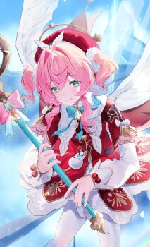 Rule 34 | 1girl, aqua eyes, aqua hair, beret, cafe (cafue cafe01), commentary request, dress, drill hair, hair between eyes, hair intakes, hat, highres, holding, holding wand, honkai: star rail, honkai (series), hyacine (honkai: star rail), long hair, long sleeves, looking at viewer, multicolored hair, pantyhose, pink hair, puffy long sleeves, puffy sleeves, red dress, red hat, solo, twin drills, two-tone hair, wand, white pantyhose, white sleeves, white wings, wings, yellow pupils