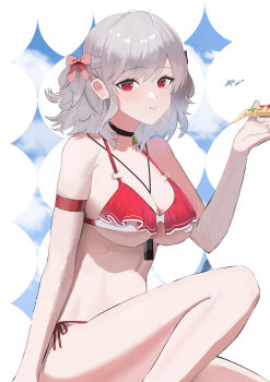 1girl absurdres arm_strap bell between_breasts bikini blue_background bow breasts closed_mouth cloud commentary_request food girls'_frontline girls'_frontline_2:_exilium grey_hair hair_bow highres holding holding_food holding_pizza koucha_kouden large_breasts looking_at_viewer medium_hair neck_bell official_alternate_costume pink_bow pizza pizza_slice red_bikini red_eyes sabrina_(girls'_frontline_2) sabrina_(strawberry_zabaione)_(girls'_frontline_2) side-tie_bikini_bottom simple_background solo spas-12_(girls'_frontline) swimsuit white_background