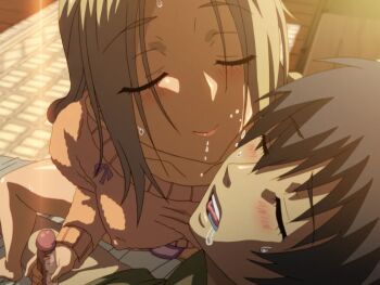 1boy 1girl 2010s 2011 bed blonde_hair blue_eyes breasts covered_erect_nipples drooling handjob jellyfish_(company) kamimura_akiko keisuke_(sisters) kiss kouzaka_kouhei large_breasts lips long_hair long_sleeves bad_tag no_bra older_female_and_younger_male penis premature_ejaculation saliva saliva_trail shiny_skin shocked_pupils shy sisters_~natsu_no_saigo_no_hi~ surprised sweat sweater taki_minashika uncensored veins veiny_penis