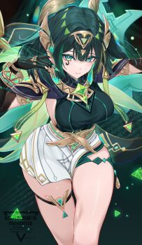 1girl absurdres ancient_egyptian_clothes breasts chest_jewel claw_ring english_text eye_tattoo fake_claws genshin_impact green_eyes green_hair green_shirt hair_intakes headgear highres jewelry large_breasts light_smile looking_at_viewer medium_hair minausa miniskirt mole mole_under_eye nefer_(genshin_impact) shirt skirt solo symbol-shaped_pupils tattoo thick_thighs thigh_strap thighs tight_clothes usekh_collar watermark white_skirt