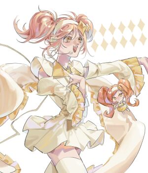 Rule 34 | 2girls, amulet dia, cowboy shot, dia (shugo chara!), dress, guardian chara, hashtag-only commentary, headband, headset, highres, hinamori amu, looking ahead, magical girl, multiple girls, music, open mouth, orange hair, outstretched arm, realemonade, shugo chara!, sidelocks, singing, smile, thighhighs, twintails, wide sleeves, yellow dress