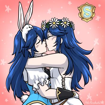 1girl animal_ears armlet armpits arms_around_neck arms_around_waist artist_request bare_arms bare_shoulders belly-to-belly blue_eyes blue_hair bracelet breasts cleavage closed_eyes collarbone dress dual_persona eyelashes fake_animal_ears fake_tail female_focus fire_emblem fire_emblem_awakening fire_emblem_heroes flat_chest flower french_kiss from_side gloves gradient_background hair_between_eyes hair_flower hair_ornament hands_up highres hug intelligent_systems jewelry kiss light_blush long_hair lucina_(fire_emblem) lucina_(spring_exalt)_(fire_emblem) lucina_(valentine)_(fire_emblem) matching_hair/eyes nintendo no_bra official_alternate_costume open_mouth pink_background puffy_short_sleeves puffy_sleeves rabbit_ears rabbit_tail rope_belt selfcest short_sleeves side_slit sidelocks sleeveless sleeveless_dress standing sundress symbol_in_eye tail tongue tongue_out what white_dress yuri