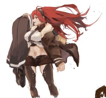 Rule 34 | 1boy, 1girl, ahoge, black hairband, brown hair, carrying, carrying over shoulder, carrying person, eris greyrat, floating hair, fur-trimmed jacket, fur trim, hairband, highres, husband and wife, jacket, kabujinuo, looking to the side, midriff, mushoku tensei, navel, red hair, rudeus greyrat, white background