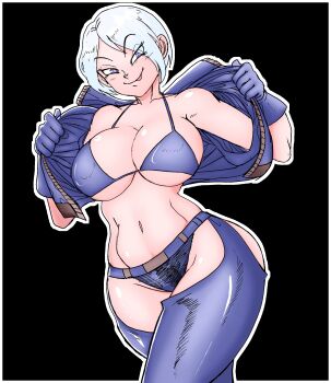 1girl angel_(kof) bikini blue_eyes breasts huge_breasts jacket large_breasts open_clothes open_jacket panties short_hair smiley_face standing swimsuit the_king_of_fighters thick_thighs thighs underwear undressing victorpapa171 white_hair