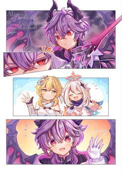 Rule 34 | 1boy, 2girls, black gloves, blonde hair, blush, breasts, closed mouth, commentary request, dragon boy, dragon wings, genshin impact, gloves, hair between eyes, halo, hand up, highres, kokoyu (kokoyu66), looking at viewer, lumine (genshin impact), medium breasts, mini durin (genshin impact), mini durin (human) (genshin impact), multiple girls, open mouth, paimon (genshin impact), partially fingerless gloves, purple hair, red eyes, romper, short hair with long locks, smile, waving, white gloves, white romper, wings, yellow eyes