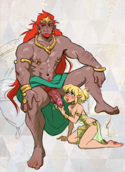 2boys bara black_sclera blonde_hair blue_eyes blush bracelet bulge censored colored_sclera crop_top crossdressing crossdressing_(mtf) earrings erection erection_under_clothes ganondorf girly_boy gold_bracelet gold_earrings gold_headwear gold_necklace gold_ring golden_armlet green_robe green_shirt highres in_air jewelry kneeling link long_hair looking_at_another looking_down looking_up male_focus male_pubic_hair midair mosaic_censoring multiple_boys nail_polish navel necklace nintendo nipple_piercing nipples o-ring pelvic_curtain penis penis_size_difference piercing pubic_hair red_hair ripushko robe see-through_clothes see-through_pelvic_curtain see-through_shirt shirt shirtless_male short_hair smile smug the_legend_of_zelda the_legend_of_zelda:_breath_of_the_wild tongue tongue_out topless_female topless_male trap yaoi yellow_eyes yellow_nail_polish yellow_nails