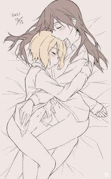 2girls blonde_hair blush brown_hair closed_eyes commentary_request erica_hartmann feet_out_of_frame gertrud_barkhorn hair_down highres hug jacket long_hair lying military_uniform monochrome multiple_girls no_pants on_bed saki_hajime short_hair sleeping strike_witches world_witches_series yuri