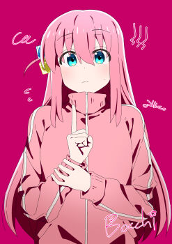 1girl absurdres blue_eyes bocchi_the_rock! character_name choppy_bangs closed_mouth commentary_request cube_hair_ornament dot_nose frown gotoh_hitori hair_between_eyes hair_ornament hands_up highres holding_own_wrist index_finger_raised jacket long_bangs long_hair long_sleeves looking_at_viewer oriorioiro pink_background pink_hair pink_jacket simple_background small_sweatdrop solo straight-on straight_hair track_jacket upper_body