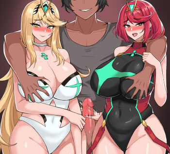 1boy 2girls :d black_hair black_one-piece_swimsuit black_shirt blonde_hair blush bottomless breasts censored chest_jewel choker circlet cleavage closed_mouth competition_swimsuit covered_navel dark-skinned_male dark_skin erection grabbing_another&#039;s_breast grin groping handjob hella_p large_breasts long_hair looking_at_viewer mosaic_censoring multiple_girls mythra_(radiant_beach)_(xenoblade) mythra_(xenoblade) netorare one-piece_swimsuit open_mouth penis pyra_(pro_swimmer)_(xenoblade) pyra_(xenoblade) red_eyes red_hair shirt short_sleeves smile swimsuit teeth thick_thighs thighs white_choker white_one-piece_swimsuit xenoblade_chronicles_(series) xenoblade_chronicles_2 yellow_eyes
