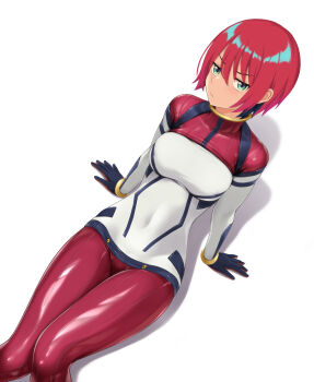 1girl amate_yuzuriha aqua_eyes black_gloves blush bodysuit breasts closed_mouth commentary_request gloves gundam gundam_gquuuuuux highres large_breasts mecha_pilot_suit nonaka_ritsu normal_suit_(gundam) red_bodysuit red_hair short_hair simple_background solo white_background