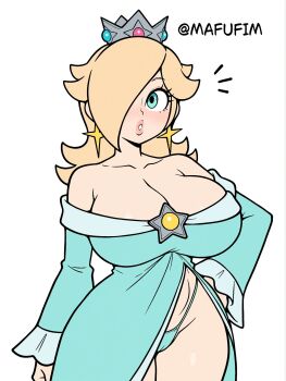 1girl blonde_hair breasts cleavage dress hand_on_own_hip highres large_breasts legs mafufim mario_(series) nintendo puckered_lips rosalina simple_background solo super_mario_galaxy teeth thick_thighs thighs thong toned white_background