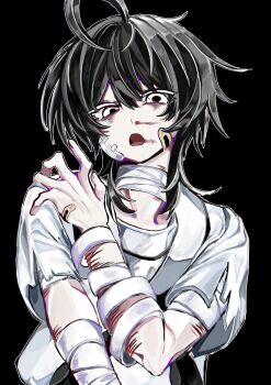 Rule 34 | 1other, :o, absurdres, ahoge, ambiguous gender, bags under eyes, bandage on face, bandaged arm, bandaged neck, bandages, black hair, blood, blood on face, commentary, hand up, highres, looking at viewer, n neko mizu, nosebleed, open mouth, original, other focus, self-harm, shirt, solo, untranslatable commentary, white eyes, white shirt, wrist cutting