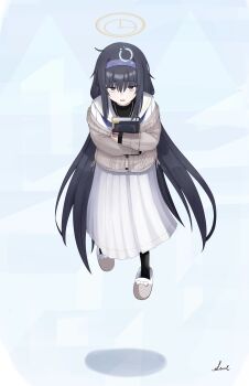 1girl black_hair blue_archive blue_eyes blue_hairband blush book gameplay_mechanics hairband halo highres holding holding_book long_hair long_skirt looking_at_viewer open_mouth skirt solo sora_scale very_long_hair