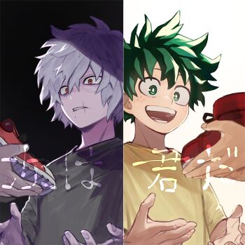2boys 2others :d aged_down black_background boku_no_hero_academia child contrast foreground_text freckles giving green_eyes green_hair grey_hair hair_between_eyes happy holding holding_shoes holding_unworn_clothes japanese_text looking_at_object male_focus matsuya_(pile) messy_hair midoriya_izuku mole mole_under_mouth multiple_boys multiple_others open_mouth out_of_frame parted_lips raised_eyebrows red_footwear red_hair scar scar_on_face scar_on_mouth shade shigaraki_tomura shirt shoes short_hair smile sneakers split_screen teeth text_focus twitter_username unworn_shoes upper_body white_background yellow_shirt