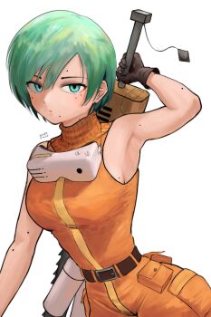 Rule 34 | 1girl, absurdres, aqua eyes, aqua hair, armpit focus, armpits, bare shoulders, belt, body freckles, breasts, chainsword, commentary, cowboy shot, dated, dopefiend, english commentary, freckles, head-mounted display, highres, holding, holding behind back, holding sword, holding sword behind back, holding weapon, holding weapon behind back, jumpsuit, looking at viewer, mole, mole on arm, mole on breast, mole on cheek, mole on neck, mole under eye, mole under mouth, motorslice, orange jumpsuit, p (motorslice), presenting armpit, sanpaku, short hair, simple background, small breasts, solo, sword, tomboy, turtleneck jumpsuit, weapon, white background