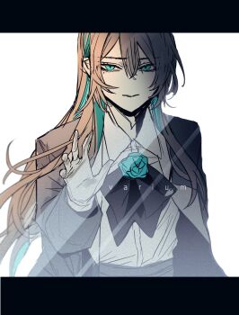 1girl ado_(utaite) black_bow black_bowtie black_hair blue_eyes blue_hair bow bowtie chando_(ado) collared_shirt colored_inner_hair commentary dress_shirt glass gloves gunjyou_(gunjyou_00) hair_between_eyes hand_up highres long_hair long_sleeves mole mole_under_eye multicolored_hair shirt simple_background solo utaite white_background white_gloves white_shirt