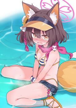 1girl absurdres animal_ear_fluff animal_ears between_legs bikini blue_archive blush breasts brown_hair commentary_request fox_ears fox_girl fox_tail halo hand_between_legs highres izuna_(blue_archive) izuna_(swimsuit)_(blue_archive) lmc_(lmcgarage) looking_at_viewer official_alternate_costume open_mouth pee peeing peeing_self pink_halo sandals scarf shallow_water shorts sitting small_breasts solo striped_bikini striped_clothes swimsuit tail visor_cap wariza water