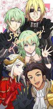 2girls 3boys absurdres anniversary armor black_armor black_gloves black_hair blonde_hair claude_von_riegan claude_von_riegan_(timeskip) commentary_request dark-skinned_male dark_skin dimitri_alexandre_blaiddyd dimitri_alexandre_blaiddyd_(timeskip) edelgard_von_hresvelg edelgard_von_hresvelg_(timeskip) eyepatch fake_horns female_byleth_(awakened)_(fire_emblem) female_byleth_(fire_emblem) fire_emblem fire_emblem:_three_houses gloves green_eyes green_hair grin highres horns male_byleth_(awakened)_(fire_emblem) male_byleth_(fire_emblem) multiple_boys multiple_girls nintendo one_eye_covered purple_eyes red_gloves shidanano11 sidelocks smile twitter_username white_hair yellow_horns