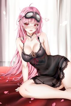 1girl absurdres bare_shoulders bed bed_sheet bedroom black_choker black_mask black_nightgown blush breasts choker cleavage collarbone double_strap_slip earrings highres hololive hololive_english indoors jewelry lace-trimmed_nightgown large_breasts long_hair looking_at_viewer mask mask_on_head messy_hair mori_calliope mori_calliope_(sleepwear) nightgown official_alternate_costume on_bed pink_eyes pink_hair red_eyes rinkosannn skull_choker skull_collar skull_earrings sleep_mask sleepwear solo virtual_youtuber