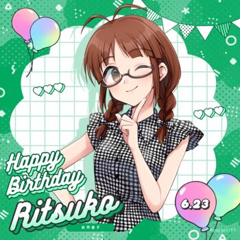 1girl ahoge akizuki_ritsuko antenna_hair balloon black_dress black_ribbon blush braid breasts brown-framed_eyewear brown_eyes brown_hair character_name closed_mouth colored_shadow dated dress green_background grid_background hair_ribbon hand_up happy_birthday heart idolmaster idolmaster_(classic) idolmaster_million_live! idolmaster_million_live!_theater_days index_finger_raised large_breasts looking_at_viewer one_eye_closed plaid_clothes plaid_dress plaid_ribbon polka_dot polka_dot_background pqpqpq783 ribbon semi-rimless_eyewear shadow short_hair sleeveless sleeveless_dress smile solo string_of_flags twin_braids twintails twitter_username under-rim_eyewear upper_body