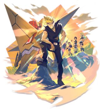 1boy 3girls arm_up bare_shoulders belt belt_pouch black_eyes black_footwear black_hair blonde_hair boots brown_gloves closed_mouth collarbone commentary dust dust_cloud fingerless_gloves glasses gloves glowing glowing_eye hair_between_eyes hand_on_own_hip highres king_kittan kinon_bachika kittan_bachika kiyal_bachika kiyoh_bachika light_rays long_hair long_skirt male_focus mecha misossu mountain multiple_girls open_mouth orange_eyes outdoors pouch red_eyes robot skirt sleeves_rolled_up smile stepping sun tengen_toppa_gurren_lagann thigh_strap waving