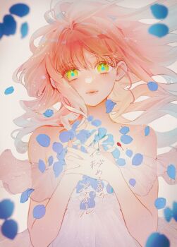 Rule 34 | 1girl, absurdres, b etty01tm, bare shoulders, blue hair, blue petals, closed mouth, commentary request, dress, gradient hair, green eyes, hana himeru kimi no meteor, hands on own chest, highres, light smile, lips, lipstick, long hair, looking at viewer, makeup, multicolored hair, off-shoulder dress, off shoulder, petals, pink hair, rose petals, solo, star-shaped pupils, star (symbol), stella quinwich, strapless, strapless dress, symbol-shaped pupils, white dress