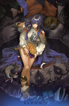 1girl animal animal_on_lap barefoot cat cat_on_lap clothes_writing commentary controller english_commentary food french_fries full_body game_controller highres holding holding_controller holding_game_controller long_hair long_sleeves no_pants on_lap original purple_hair shirt single_off_shoulder sitting solo very_long_hair white_shirt xleontan