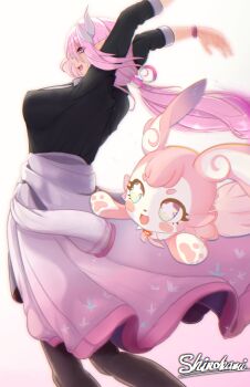 1girl absurdres alternate_costume arms_up artist_name bilingual_commentary black_pants black_shirt blue_eyes breasts clothes_around_waist commentary cyrene_(demiurge)_(honkai:_star_rail) cyrene_(honkai:_star_rail) english_commentary haoyitay highres honkai:_star_rail honkai_(series) large_breasts long_hair mem_(honkai:_star_rail) mixed-language_commentary pants pink_hair pink_sweater pointy_ears purple_eyes scrunchie shirt simple_background star-shaped_pupils star_(symbol) sweater sweater_around_waist symbol-shaped_pupils very_long_hair white_background wrist_scrunchie