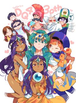 2020 4girls 6+boys ^_^ absurdres alena_(dq4) anniversary aqua_hair arm_hug armor asymmetrical_dress balding beard bikini_armor blue_gemstone blue_hat blue_pantyhose blue_scarf blunt_bangs breasts brey brown_hair carrying child circlet clift closed_eyes conical_hat copyright_name creature creature_on_shoulder crying crying_with_eyes_open crystal_ball dancer dark-skinned_female dark_skin dated dragon_quest dragon_quest_iv dress earrings facial_hair family father_and_son flailing forehead_jewel gem gloves gold_circlet green_eyes green_gemstone green_hair green_hat green_tunic grin hand_on_own_hip hands_up hat healslime heart helmet hero_(dq4) highres hoimin holding_orb husband_and_wife jewelry kitaya light_blush light_frown locked_arms loincloth long_dress long_hair long_sleeves looking_at_another looking_at_viewer manya_(dq4) medium_hair metal_belt metal_bikini metal_bra mitre mother_and_son multiple_boys multiple_girls mustache neck_ring old old_man on_shoulder one_eye_closed open_mouth orange_dress orange_gloves orange_hair orb pantyhose parted_bangs pelvic_curtain pink_armor pink_helmet pointy_hat purple_eyes purple_hair ryan_(dq4) scarf short_dress short_hair short_sleeves shoulder_carry siblings single_bare_shoulder single_sleeve sisters smile speech_bubble sphere_earrings streaming_tears sweatdrop tears tessie torneko translation_request tunic waving_arms white_hair white_sleeves yellow_dress