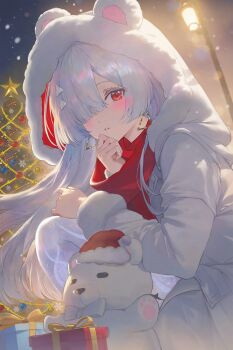 1girl absurdres ao_(ao_alice22) box christmas_tree coat commentary_request dress earrings gift gift_box hat highres jewelry lamp mornye_(wuthering_waves) on_floor red_dress red_eyes santa_hat see-through_body sitting snow snowflakes solo star_(symbol) stuffed_animal stuffed_toy teddy_bear white_coat white_hair wuthering_waves