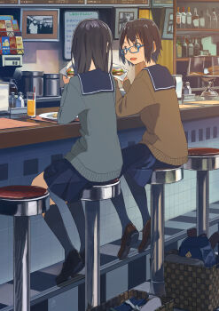 2girls basket black_hair blue_skirt brown_eyes brown_footwear brown_hair cardigan coffee coffee_maker coffee_pot cup diner drinking_glass drinking_straw food from_behind glasses highres holding holding_food indoors kusakabe_(kusakabeworks) loafers long_hair looking_at_another multiple_girls napkin napkin_holder open_mouth original pepper_shaker photo_(object) plate sailor_collar salt_shaker shoes short_hair skirt slice_of_life stool translation_request whiteboard