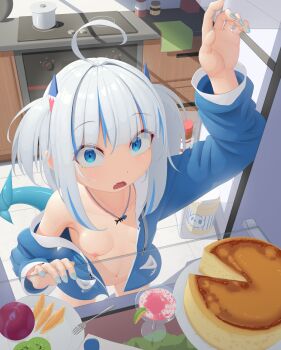 1girl absurdres ahoge apple aqua_nails blue_eyes blue_hair breasts cheesecake cocktail commentary cooking_pot day drawstring english_commentary fang fingernails fins fish_tail food fork fruit gawr_gura grey_hair hair_ornament highres hololive hololive_english hood hood_down hoodie indoors kitchen kiwi_(fruit) kiwi_slice lime_(fruit) lime_slice loli looking_at_viewer multicolored_hair nail_polish naked_hoodie navel nipples no_bra one_breast_out open_mouth orange_(fruit) orange_slice refrigerator refrigerator_interior shark_girl shark_hair_ornament shark_tail small_breasts solo standing stomach stove streaked_hair sunlight tail tenroy tile_floor tiles tongue virtual_youtuber window_shadow