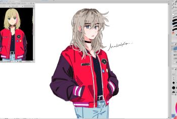 1girl art_program_in_frame black_choker blue_pants choker collarbone commentary_request cosplay girls_band_cry grey_eyes grey_hair hair_between_eyes jacket kawai_rika kawai_rika_(cosplay) kawaragi_momoka korean_commentary long_hair looking_at_viewer mmnn_gbc multicolored_hair open_mouth pants red_jacket reference_inset roots_(hair) sidelocks simple_background solo white_background wonder_egg_priority